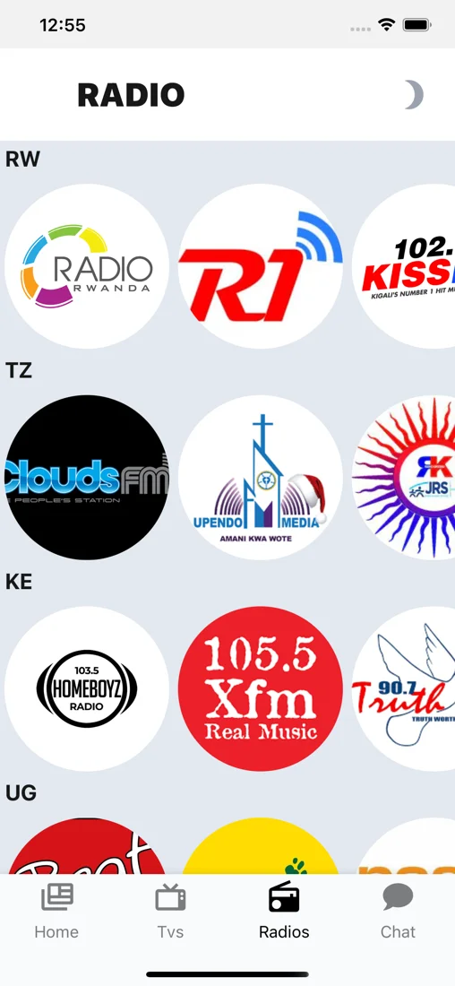 Vuga mobile radio directory with stations grouped by country